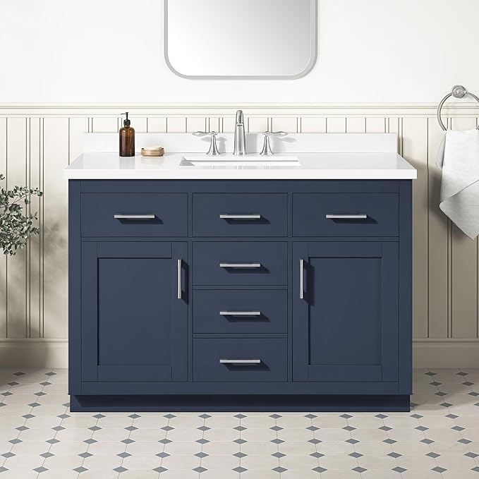OVE Decors Bailey 48 in. Single Sink Freestanding Midnight Blue Bathroom Vanity with White Quartz Top, Matching Backsplash and Power Bar
