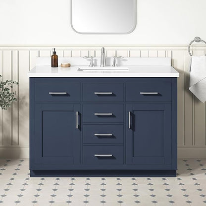 OVE Decors Bailey 48 in. Single Sink Freestanding Midnight Blue Bathroom Vanity with White Quartz Top, Matching Backsplash and Power Bar