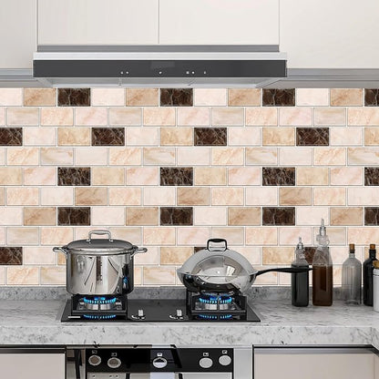 URCOLOR 10-Sheet Peel and Stick Backsplash Subway Tile for Kitchen,12"x12" Self Adhesive Wall Tiles Sticker on Back Splashes for Bathroom Yellow Brown Marble Design