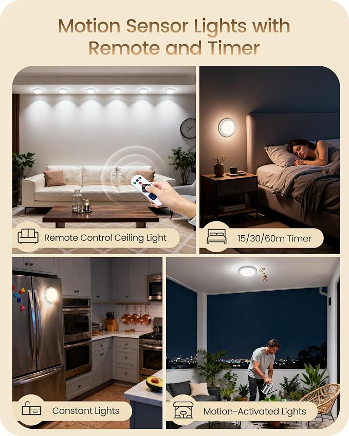 4 Pack Rechargeable Motion Sensor Ceiling Lights with Remote, Wireless Ceiling Light Battery Operated, Magnetic, 3CCT, Dimmable Shower Light, Motion Activated Light for Closet Bathroom Stairs Pantry