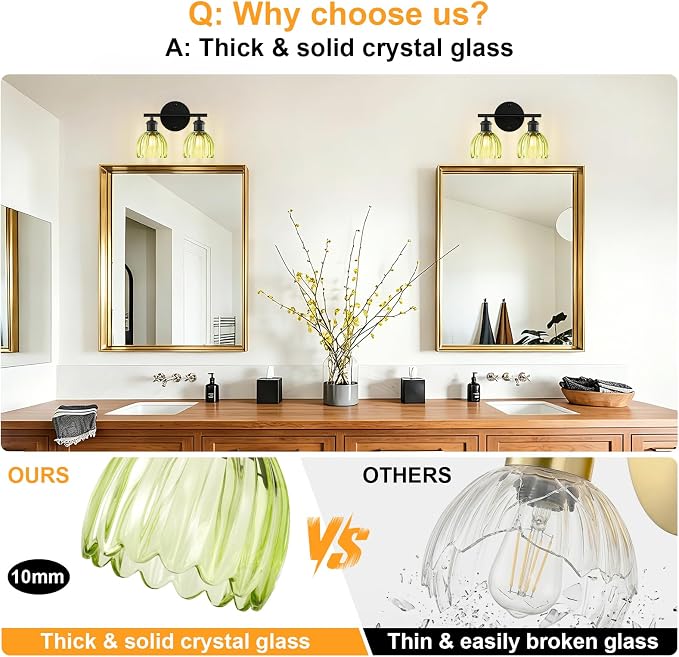 Bathroom Light Fixtures, 2-Light Black Vanity Lights for Bathroom with Green Tulip Glass Shade, 12" Vintage Bathroom Vanity Lighting Fixtures Over Mirror for Bedroom Living Room Hallway