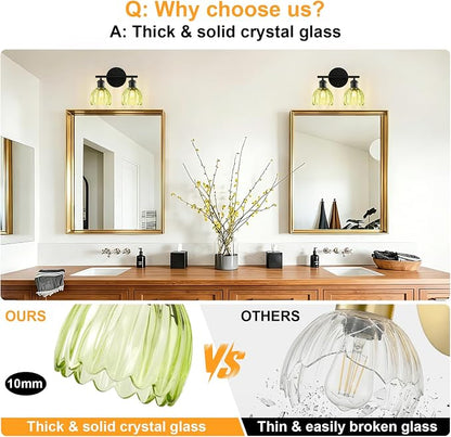 Bathroom Light Fixtures, 2-Light Black Vanity Lights for Bathroom with Green Tulip Glass Shade, 12" Vintage Bathroom Vanity Lighting Fixtures Over Mirror for Bedroom Living Room Hallway