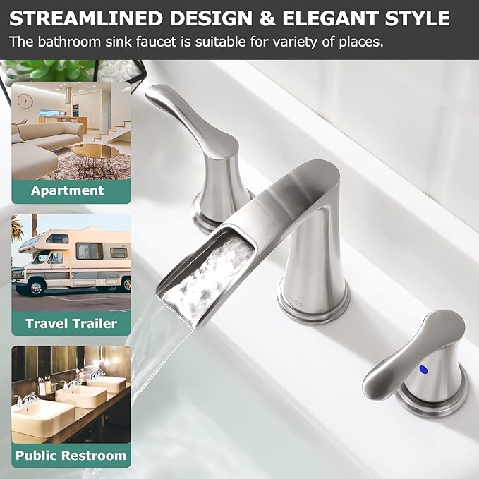 PARLOS Waterfall Widespread Bathroom Faucet 2 Handles with Metal Pop Up Drain & cUPC Faucet Supply Lines, Brushed Nickel, Demeter 1431802