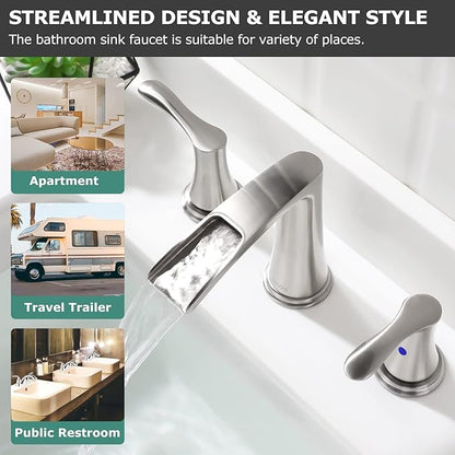 PARLOS Waterfall Widespread Bathroom Faucet 2 Handles with Metal Pop Up Drain & cUPC Faucet Supply Lines, Brushed Nickel, Demeter 1431802