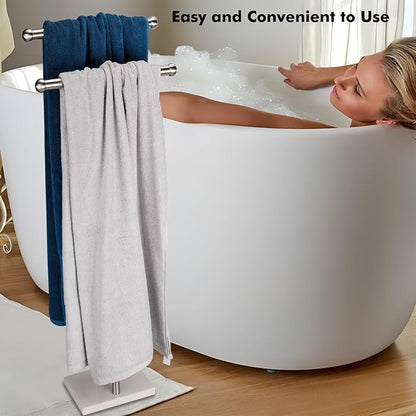 Standing Towel Rack Double-T Shape Tall Bath Towel Sheet Holder with Marble Design Base for Bathroom 2 Tier Towel Holder Stand Stainless Steel (Brushed Nickel)