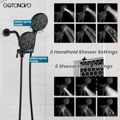 gotonovo Shower Valve and Trim Kit 2 in 1 Shower Head and Handle Set System Bathroom Shower Faucet Set 3 Modes Various Combinations High Pressure with Rough-in Valve Matte Black