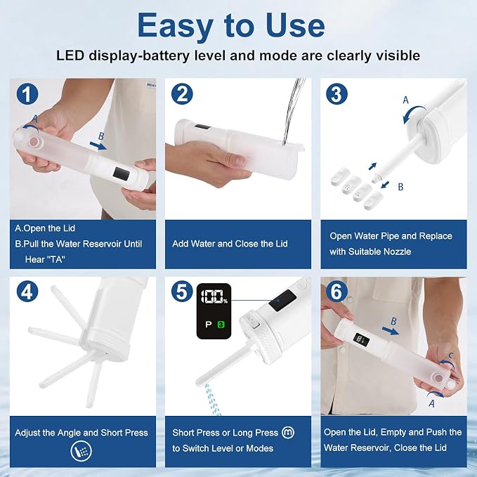 Portable Bidet for Travel, IPX7 Rechargeable Travel Bidet 210ml 4 Nozzles | LED Display, 2 Modes & 3 Pressure Levels, 180° Adjustable, Replacement Nozzles,USB Rechargeable,for Women Men Cleaning,White