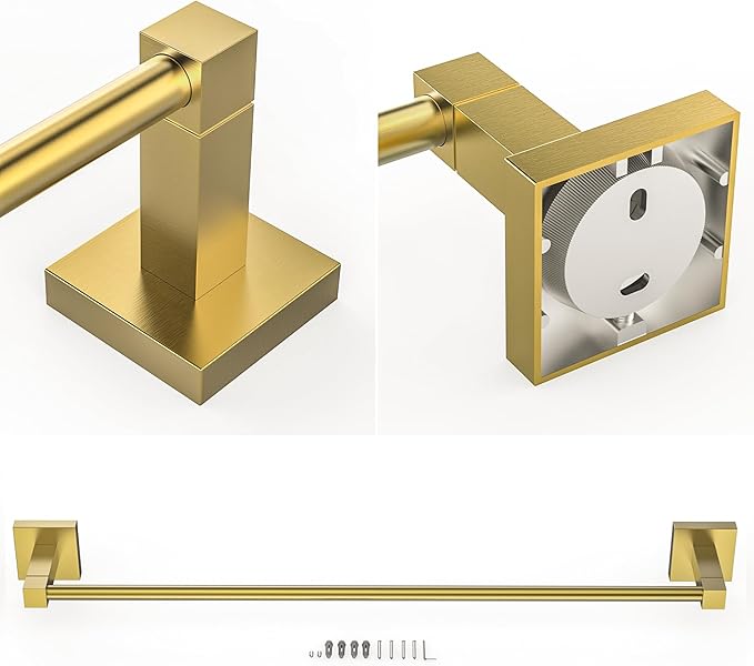 RUACQ Gold Towel Bar 24 inch, 304 Stainless Steel Towel Racks for Bathroom Wall Mounted, Heavy Duty Bath Towel Rod with Square Base(Brushed Gold)