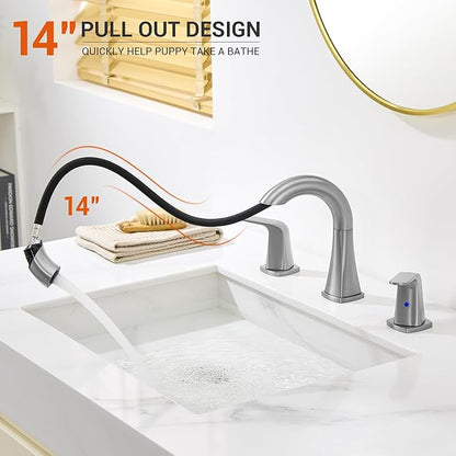 Brushed Nickel Bathroom Faucet with Sprayer - Rotatable Bathroom Faucets for Sink 3 Holes, 8In Widespread Bathroom Pull Down Faucet, 2-Handle Vanity Faucet with Pull Out Sprayer 360 Swivel