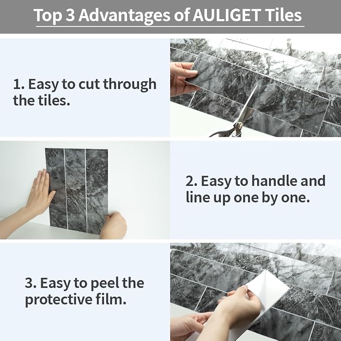 AULIGET 4-Piece Polished Dark Grey Marble Peel and Stick Backsplash Wall Tiles, 3" x 12" PVC Faux Stone Stick on Tiles for Backsplash Kitchen, Bathroom, Laundry Room, Camper, Fireplace