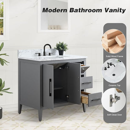 HomeBeyond 36 Inch Bathroom Vanity with Sink & Ceramic Top, Single Vanity Cabinet with Basin, Soft-Closing Doors & Matte Black Hardware, Grey