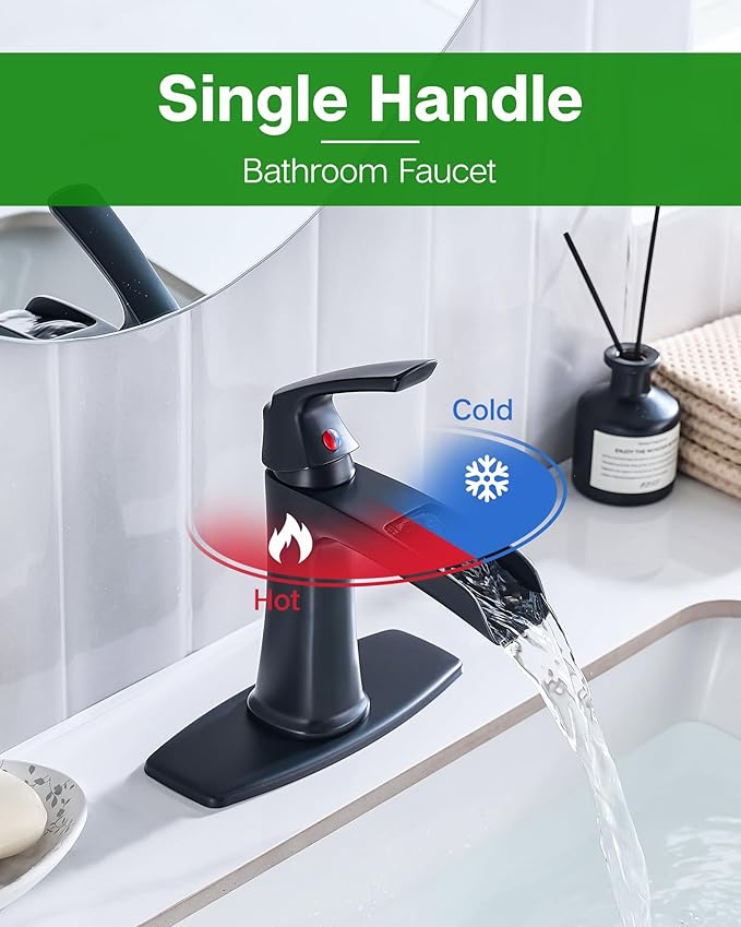 Fapully Bathroom Faucets Matte Black, Modern Waterfall Bathroom Sink Faucet with Single Handle for 1 or 3 Holes, Vanity Faucet with Deck Plate and Drain