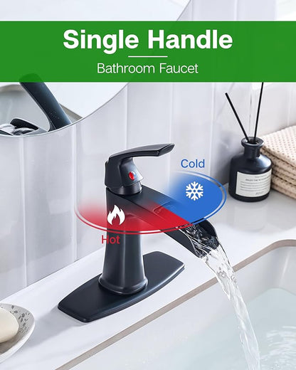 Fapully Bathroom Faucets Matte Black, Modern Waterfall Bathroom Sink Faucet with Single Handle for 1 or 3 Holes, Vanity Faucet with Deck Plate and Drain