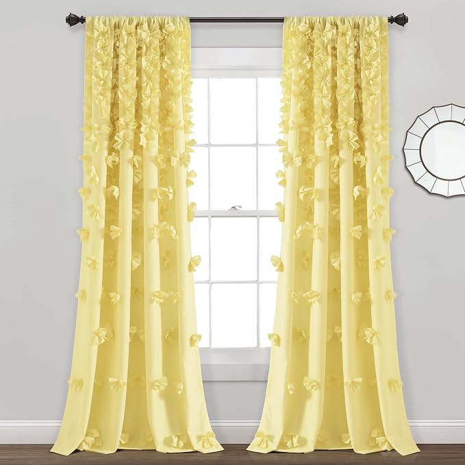 Lush Decor Riley Light Filtering Window Curtain Panel, Single 54" W x 84" L, Yellow - Cute Yellow Curtains for Bedroom - Bow Decor - Coquette Curtains for Windows