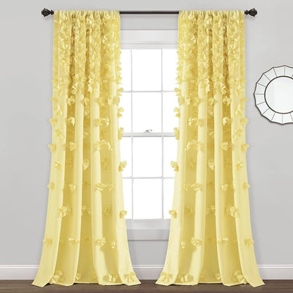 Lush Decor Riley Light Filtering Window Curtain Panel, Single 54" W x 84" L, Yellow - Cute Yellow Curtains for Bedroom - Bow Decor - Coquette Curtains for Windows