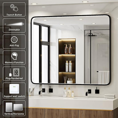 LED 43x36 Inch Lighted Bathroom Mirror,Black Frame,3 Color | ETL Listed,Anti-Fog,3000K/4500K/6000K Dimmable,Horizontal & Vertical,Wall Mounted,Memory Function,Ideal for Bathroom,Vanity