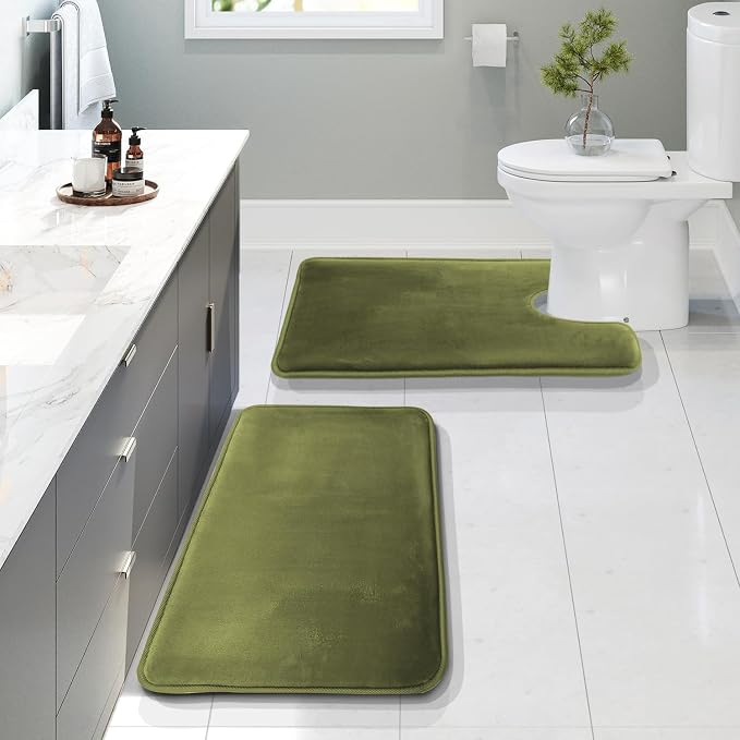 Clara Clark 2 Piece Bathroom Rugs, Velvet Memory Foam Bath Mat Set, Non-Slip Bath Rugs, Machine Wash, Dries Quickly, Ultra Soft Plush Bath Mats for Bathroom, 17 x 24 + Contour, Sage Green