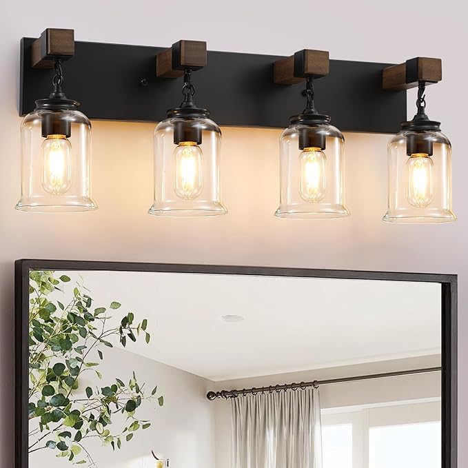 Farmhouse Bathroom Vanity Light, 4 Light Black Bathroom Vanity Light Fixtures Over Mirror, Rustic Wall Lighting with Clear Glass Shades for Living Room, Bedroom, Hallway
