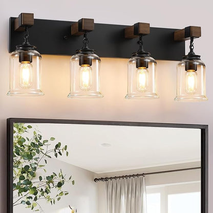 Farmhouse Bathroom Vanity Light, 4 Light Black Bathroom Vanity Light Fixtures Over Mirror, Rustic Wall Lighting with Clear Glass Shades for Living Room, Bedroom, Hallway