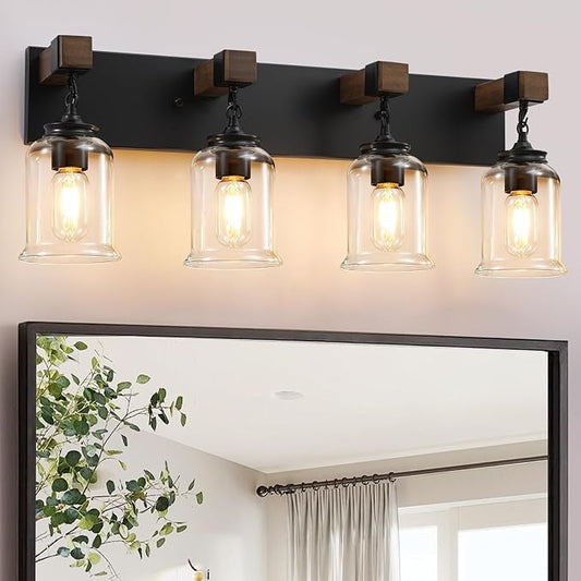 Farmhouse Bathroom Vanity Light, 4 Light Black Bathroom Vanity Light Fixtures Over Mirror, Rustic Wall Lighting with Clear Glass Shades for Living Room, Bedroom, Hallway