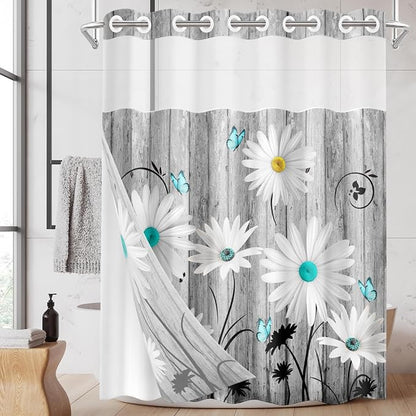 No Hook Shower Curtain with Snap in Liner 71x86 Inch Daisy Flower | Wooden Boards Gray Modern Double Layers Waterproof Fabric with See Through Top Window Open Grommet Bath Curtain