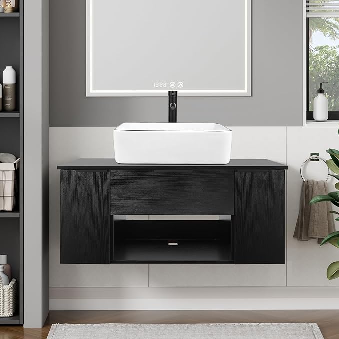28 Inch Black Floating Bathroom Vanity with 2-Door and 1-Drawer, Modern Wall Mounted Cabinet Without Sink