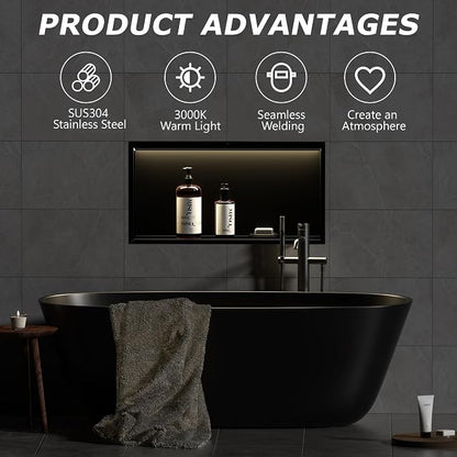 Smart Body Sensor Shower Niche, Black 24"x12" | Recessed Wall Niche with White 3000K LED Light , Waterproof &Rustproof, 304 Stainless Steel Bathroom Cabinet
