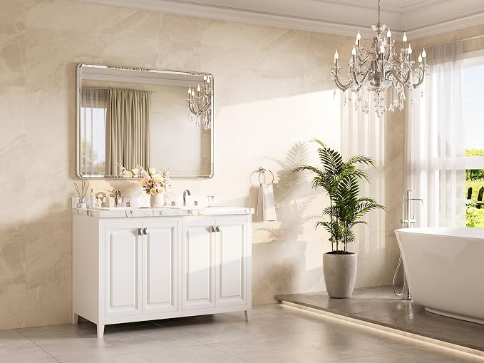 Brushed Nickel Wall Mirror 48 x 36 Beveled Edge Tempered Glass, Rounded Corner Rectangle Framed Mirror for Modern Bathroom, Living Room, Bedroom, Entryway