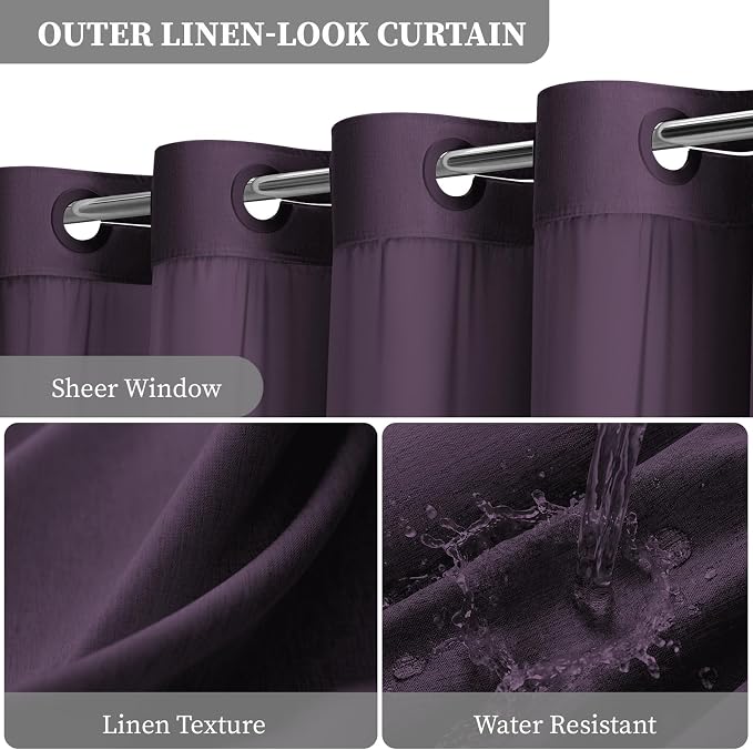 Purple Ringless Linen Textured Shower Curtain with Snap in Liner 72x75 | 3 in 1 Hotel Shower Curtain Set, Removable Liner, Waterproof & Washable, Mesh Top Window, Durable Fabric, Easy to Install