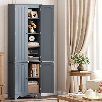 Function Home Tall Pantry Cabinet, Freestanding Storage Cabinet, Wooden Kitchen Pantry with 4 Doors and 5 Shelves, 72" Floor Cabinet Organizer for Kitchen Living Room Bathroom, Grey