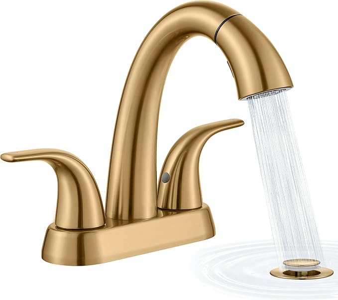 Bathroom Faucet with Sprayer, 4 Inch Champagne Bronze with Pop Up Drain | Ultimate Unicorn Centerset Pull Down Vanity Faucets 3 Hole- Two Handle Modern Washbasin Tap Set for Rv Lavatory Restroom