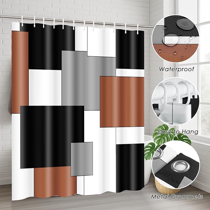 Bathroom Sets with Shower Curtain and Rugs, 4 Pcs, Geometric Modern | Abstract Checkered Brown Bathroom Decor Set with Toilet Lid Cover, Non-Slip Bath Mats and Accessories 12 Hooks