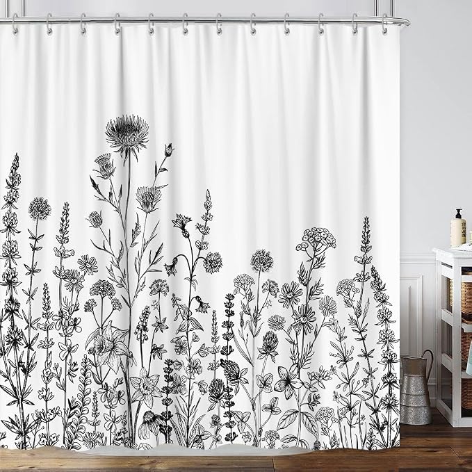 GOAOK Vintage Boho Shower Curtain Black and White Theme, Floral Aesthetic Dark Wildflower Botanical Flowers Shower Curtain for Bathroom with Hook, Farmhouse Plant Art Chic Shower Curtain 72X84