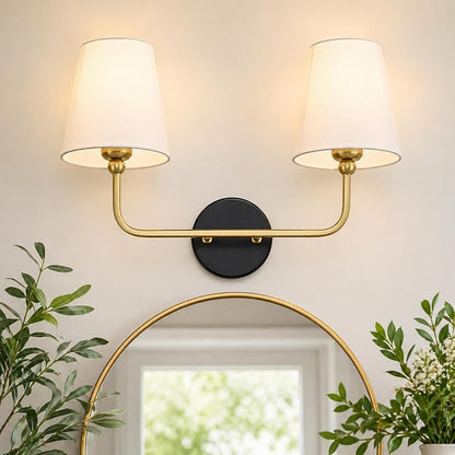 2-Light Black and Gold Bathroom Vanity Light, White Fabric Shades | Ideal for 20-28" mirrors, 17" double wall sconce, upward only, E26 base, hardwired, bulbs not included, VL837-KG-2