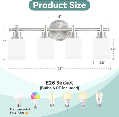 4 Light Bathroom Vanity Light, 23 In Brushed Nickel Vanity Light Fixture | Modern Anti-Rust Wall Sconce over Mirror with White Frosted Glass Shade, Bathroom, Hallway, 23 In, E26(Bulbs Not Included)