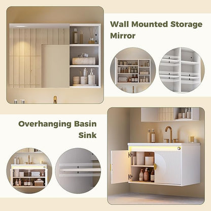 IRONCK Floating Bathroom Vanity with Sink, Mirror Medicine Cabinet, LED Strip Light, 30 Inches Modern Wall Mounted Sink Cabinets & Mirror Cabinets Set with Large Storage Space, White