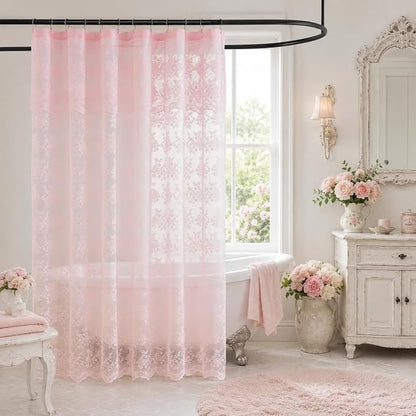 TUDECO Pink Lace Shower Curtain with Attached Valance, 72x72 Inch, 1 Panel | Light Pink, Cute Girly Bathroom Decor, Aesthetic Feminine Style, Vintage Floral Detail, Soft Light Filtering, Semi Privacy