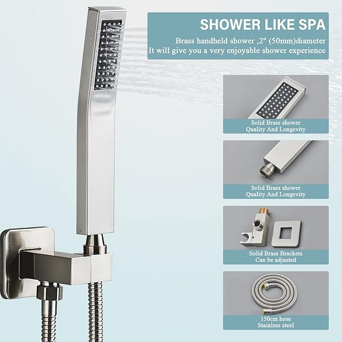 Shower System 12 Inch LED Square Showerhead Shower Faucet Set Shower Kit with Handheld Spray SUS304 Stainless Steel Shower Trim Kit Handheld shower with Rough-in Valve Brushed Nickle…