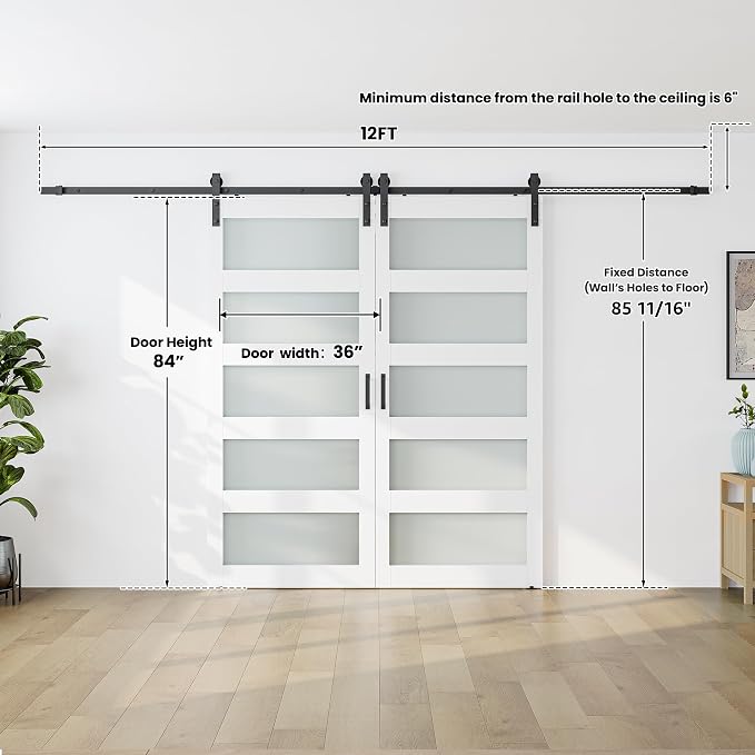 SMARTSTANDARD Double 36×84 Glass Barn Door with Sliding Hardware Kit | Pre-Drilled Ready to Assemble, Waterproof PVC Coating, 5-Panel Glass, White