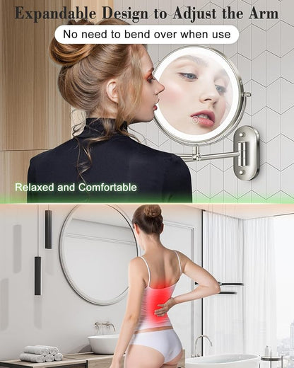 9'' 30X/1X Wall Mounted Height Adjustable Lighted Magnifying Makeup Mirror | 5000mAh Rechargeable Bathroom Mirror with 3 Color Modes Light, Extended Arm Space Saving for Apartment, Hotel, Rental House