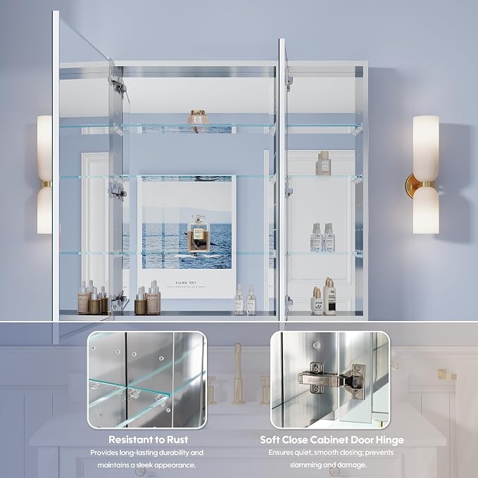 36" x 36 Bathroom Medicine Cabinet with Mirror, Anodized Chrome Aluminum Frame, Surface Mount or Recessed Medicine Cabinet with Mirror, Bathroom Mirror with Storage, Double Doors