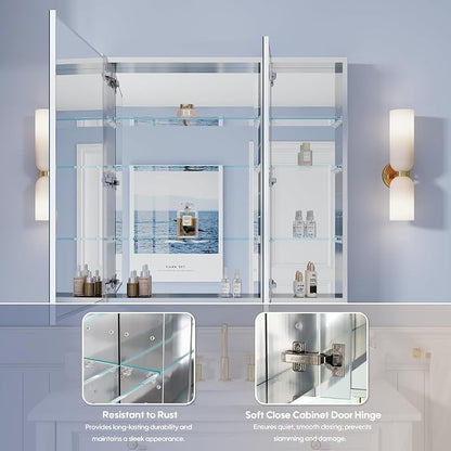 36" x 36 Bathroom Medicine Cabinet with Mirror, Anodized Chrome Aluminum Frame, Surface Mount or Recessed Medicine Cabinet with Mirror, Bathroom Mirror with Storage, Double Doors