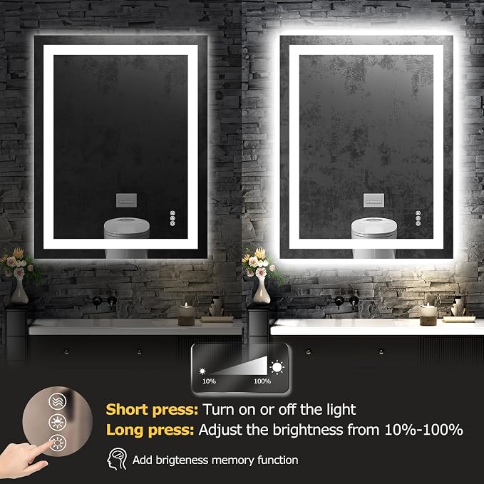 Hivone 28"X36" LED Bathroom Mirror with Lights, Anti-Fog, Dimmable, Backlit + Front Lit, Smart Bathroom Vanity Mirror, Memory Function, Shatterproof, Tempered Glass (Horizontal/Vertical)