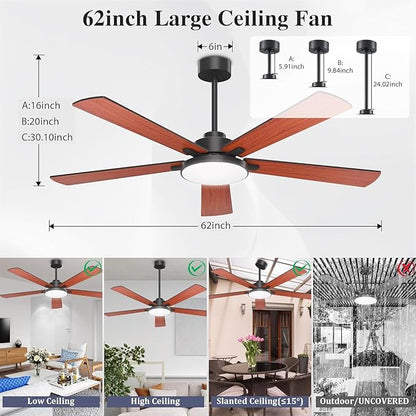 Ceiling Fans with Lights and Remote Control,Indoor/Outdoor Flush Mount Low Profile Commercial Reversible Dimmable Wood Grain Ceiling Fans for Living Room Patio Industrial Shop, 62 inch