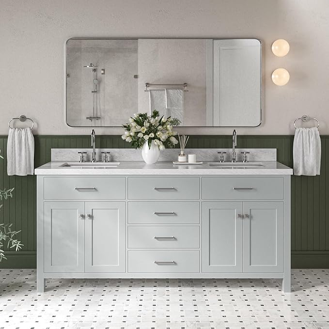 DKB Alenza 72 Inch Bathroom Vanity Double Sink — Grey Bathroom Vanity with Sink, 1.5" Edge Italian Carrara Marble Countertop & Backsplash, 4 Soft-Close Doors, 4 Dovetail Drawers