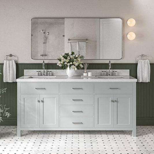 DKB Alenza 72 Inch Bathroom Vanity Double Sink — Grey Bathroom Vanity with Sink, 1.5" Edge Italian Carrara Marble Countertop & Backsplash, 4 Soft-Close Doors, 4 Dovetail Drawers