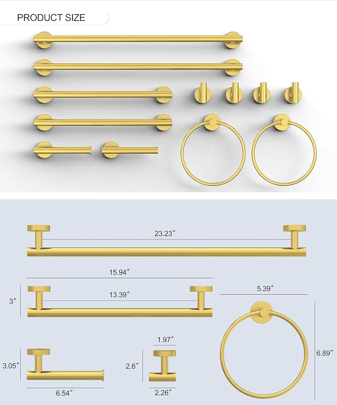 12Pcs Brushed Gold Bathroom Hardware Accessories Set SUS304 Stainless Steel | Bath Towel Bar Set, Toilet Paper Holders, Towel Rings Racks, Robe Towel Hooks by HOMEMYSTIQUE