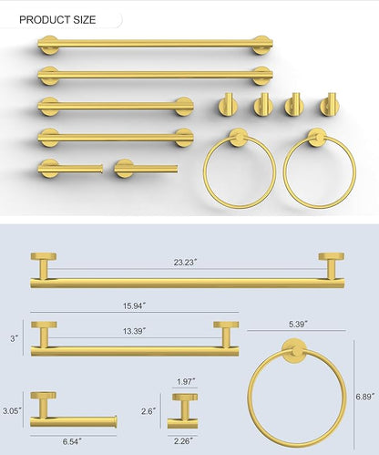 12Pcs Brushed Gold Bathroom Hardware Accessories Set SUS304 Stainless Steel | Bath Towel Bar Set, Toilet Paper Holders, Towel Rings Racks, Robe Towel Hooks by HOMEMYSTIQUE