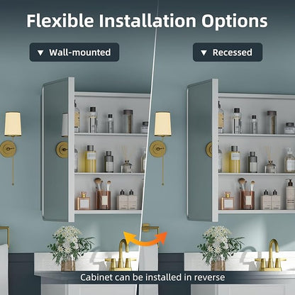 Bathroom Medicine Cabinet with Mirror 24x30Inch, Silver Medicine Cabinet Recessed or Surface Wall-Mounted, Mirrored Cabinets with Sturdy Metal Adjustable Shelves for Bathroom Vanity