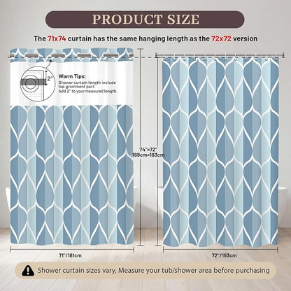 Gelbchu Light Blue No Hook Shower Curtain with Snap-in Liner, 71 x 74 Inch | Built-In Hooks, Mesh Top Window, Water-Repellent, Machine Washable, Quick Drying, Premium Polyester, Hotel Style, Modern